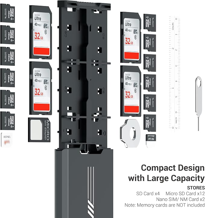 Aluminum Pop up Memory Card Case for 12 Micro SD TF MSD,4 SD,2 Nano SIM/NM Cards,Anti-Shock Anti Scratch,Comes with Carabiner, Flathead Tool,Micro SIM Adapter,Card Remove Tool and Mini Ruler (Black) - Image 2