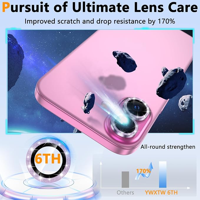 YWXTW for iPhone 16 Plus/iPhone 16 Camera Lens Protector, Individual Anti Scratch Metal Ring Tempered Glass Camera Screen Protector for iPhone 16 Accessories, Case Friendly (Purple Glitter) - Image 3