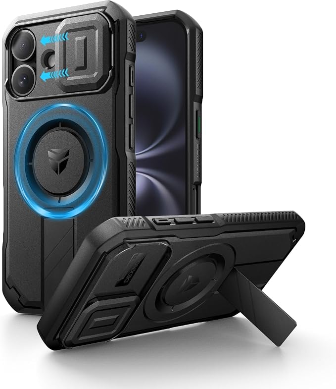 Dexnor for iPhone 16 Case with Slide Camera Cover & Adjustable Kickstand, Magnetic Rugged Shockproof Bumper Cases Heavy-Duty Magnetic Protective Cover,Black by Dexnor