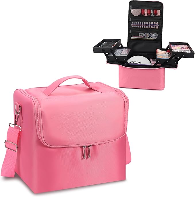 Large Makeup Nail Polish Organizer Bag, Makeup Case Storage Box, Pink | Nail Organizer Case-Adjustable Dividers, Waterproof, Detachable Shoulder Strap, Portable, Multipurpose Storage for Nail Tools by DECINIEE+BEAUTY+CO.%2CLTD