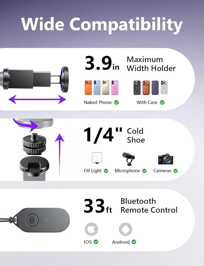 LISEN 67" Selfie Stick Tripod with Remote for Content Creators | Content creator essentials: 67" phone tripod with remote for iPhone & Android, 0.01s auto-open vlog/live stream/video kit - Image 8