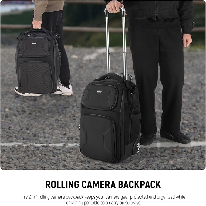 Neewer 2 in 1 Camera Roller Bag with Detachable Shockproof Dividers Retractable Handle Waistband Rain Cover Water Resistant Robust Carry On Backpack for Camera Tripod Flash Lens Laptop, Black, PB027 - Image 3