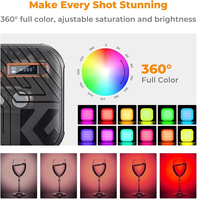 K&F CONCEPT RGB Video Light 21 Light Effects, 2500K-9900K, CRI 96+, Black | 360° Full Color Portable Light, Magnetic Rechargeable LED Panel Camera Light with 1/4" Screw Mount for Vlogging, Selfie L01 - Image 3