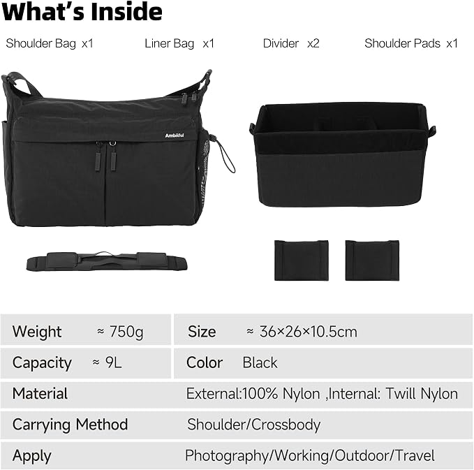 AMBITFUL Camera Messenger Bag for Photographers Shoulder bag,9L Black | Lightweight Sling Bag with Adjustable Dividers Camera Bag Fits Mirrorless DSLR Camera, Lens, action camera,Drones - Image 8
