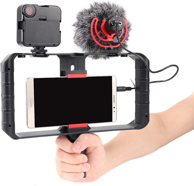 FocusFoto PRO U-Rig Smartphone Video Camera Cage Mount Holder Stabilizer Grip with Upgraded BY-MM1+ Microphone Mic+ 49 LED Light+ Mini Tripod Kit for Mobile Phone iPhone Filmmaking Videomaker - Image 4