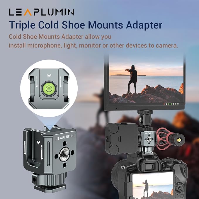 Triple Cold Shoe Mounts Adapter, 3/8'' Screw Hole to 1/4'' Screw Hole, Aluminum Alloy Hot Shoe Extension Bracke for DSLR Camera Flash Light, Monitor, Microphone-Gray - Image 2