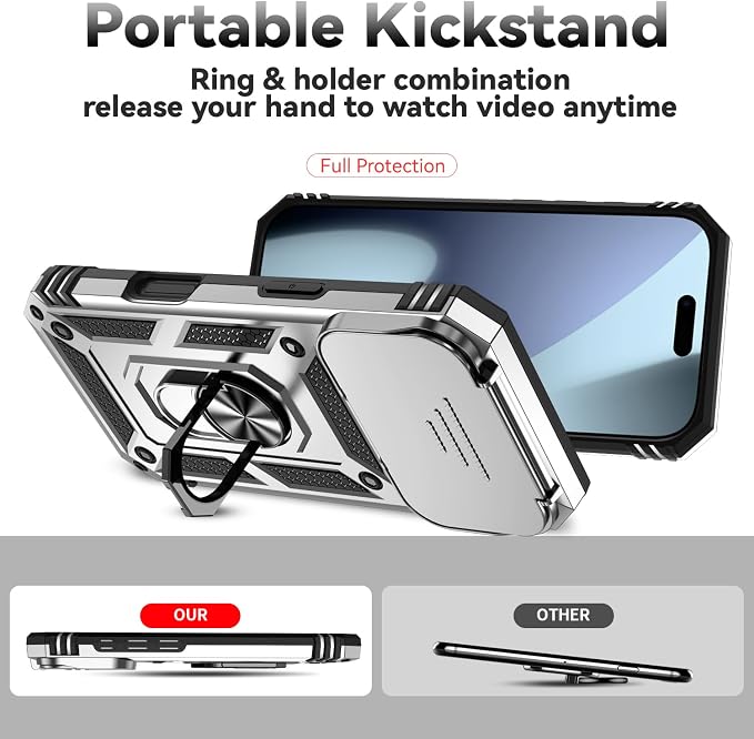 SunStory Phone Case for iPhone 17 Pro Case with HD Screen Protector & Slide Camera Cover & Rotated Ring Kickstand, [Military-Grade] Phone Case for iPhone 17 Pro, Silver - Image 2