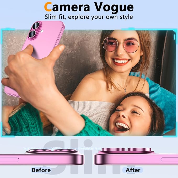 YWXTW for iPhone 16/16 Plus Camera Lens Protector, Individual Anti Scratch Metal Ring Tempered Glass Camera Screen Protector for iPhone 16 Accessories, Case Friendly (Pink) - Image 4