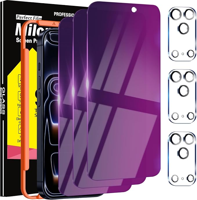 Milomdoi Gradient Colorful Privacy Screen Protector for iPhone 17 Pro Max | 3+3 Pack, 9H+ Hardness Tempered Glass Camera Lens Protector, Easy Installation, No Bubbles, Case Friendly by Milomdoi