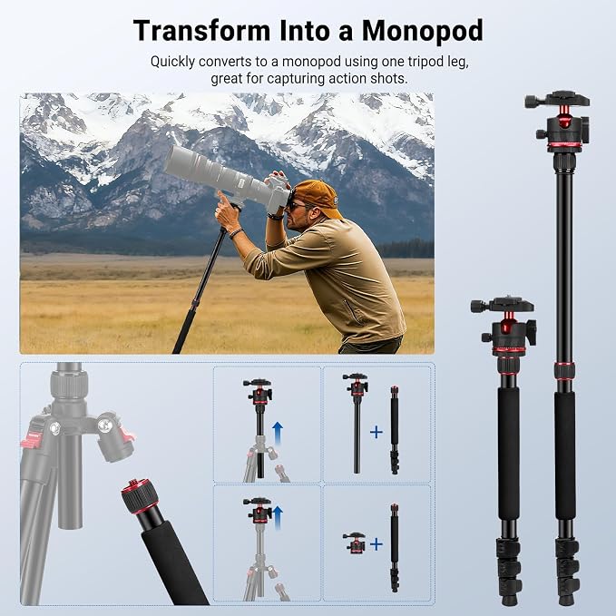 NEEWER Basics 72" / 182 cm Travel Tripod Monopod for Camera, Compact Lightweight Portable Video Recording Stand, Arca Type Ball Head, Cell Phone Holder Compatible with iPhone, Max Load 13.2 lb, TP14B - Image 6