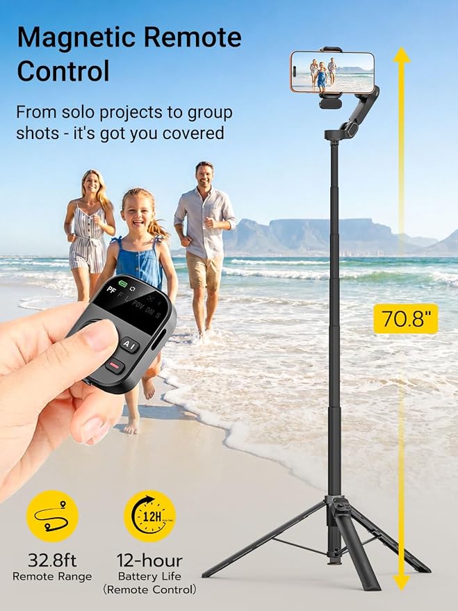 AOCHUAN Smart V3 70.9” Gimbal Stabilizer for iPhone w/AI Tracking Module | Remote Control & One-Touch Open Tripod for Phone Gimbal, 360° Pan Rotation Gimbal w/51" Extension Rod for Shooting,Fill Light - Image 2