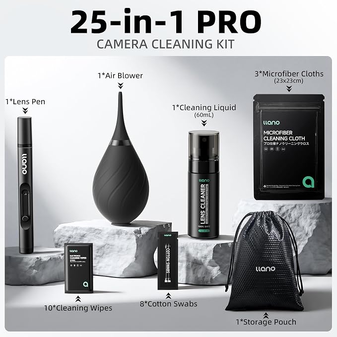 llano Camera Cleaning Kit, 25-in-1 DSLR Mirrorless Camera Lens Cleaner Kit | with Air Blower, Lens Cleaning Pen, 60ml Lens Cleaner Spray, Microfiber Cloths, Swabs, Wet Wipes, Storage Bag for Camera - Image 8