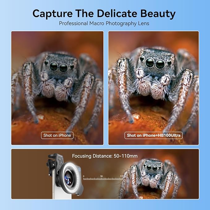 Upgraded Professional Macro Lens for Smartphone with Ring Light, HB100U Macro Photography Lens, Aluminum Phone Camera Lens Kit with Universal Clip. Phone Lens Attachment Fit for iPhone/Android Phone - Image 3