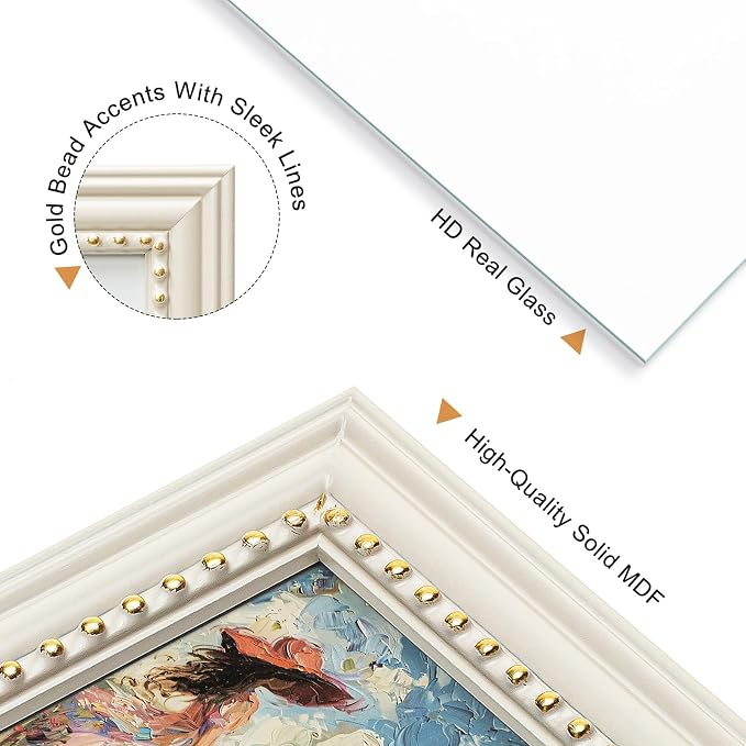 4x6 Picture Frame in Beige with Classic Gold Beaded Border, Solid Wood with Real Glass, Vertical and Horizontal Desk Tabletop or Wall Hanging - Image 4