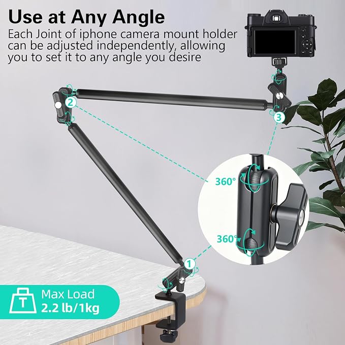Desktop Clamp Magic Arm 33.84" Kit for Phone,DSRL Two-Stage Adjustable Flexible Arm, Overhead Camera Mount, Desk Phone Mount for Webcam, Action Camera, Mic,Video Light - Image 4