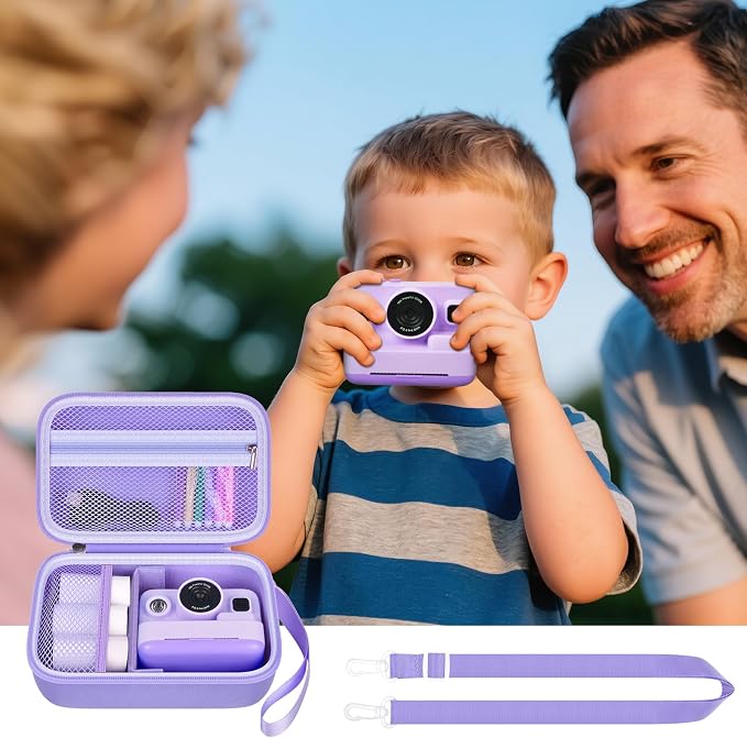 Boobowl Kids Instant Print Camera Case for Dylanto, for Gofunly Cameras | 3 Included Paper Rolls, Adjustable Divider, Mesh Pocket and Shoulder Strap for Kid Travel, Photo Storage, Box Only - Purple - Image 8