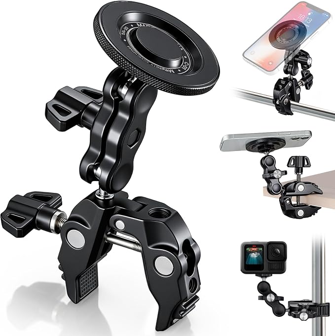 Magnetic Phone Holder for Mic Stand, 360° Rotatable Phone Mount with Clamp | All-Metal Clip Phones Mount for Microphone & Music Stands, Compatible with Magsafe & iPhone 17/16/15/14/13/12 by Facmogu