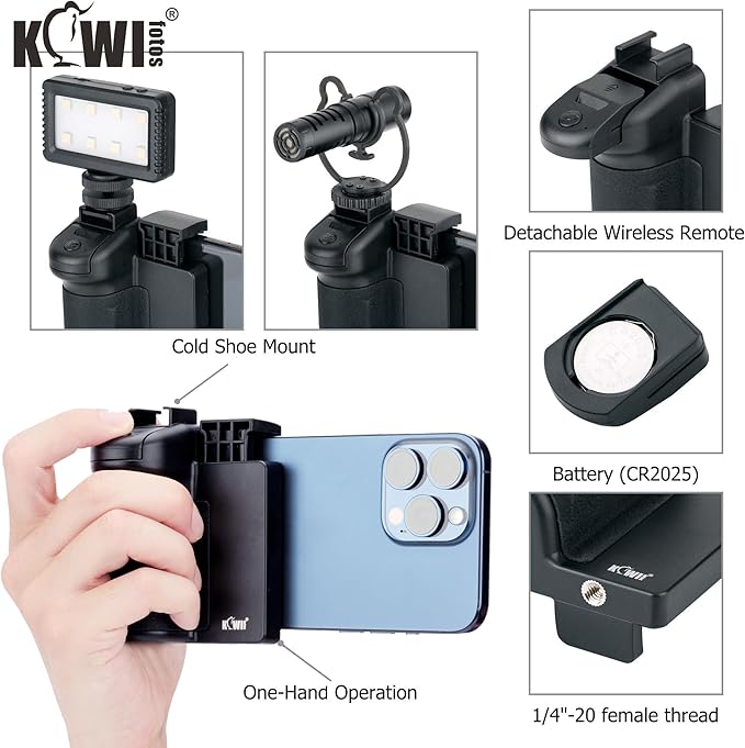 KIWIFOTOS Phone Camera Grip with Remote Shutter Cold Shoe Mount | Fits 2.3-3.3" phones inch. for iPhone 17 16 15 Pro S26 S25, vlog & selfie. Cold shoe for mic/light. 1/4" tripod thread. - Image 3