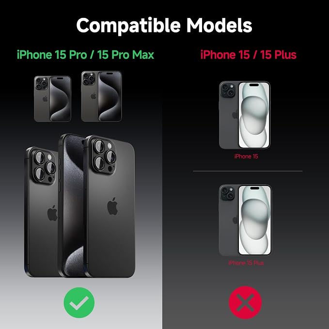 CACOE Metal Camera Lens Protector for iPhone 15 Pro/15 Pro Max | 9H Tempered Glass, Aluminum Frame, HD Clarity, Scratch-Resistant, Camera Screen Protector Cover Accessories, Black - Image 8