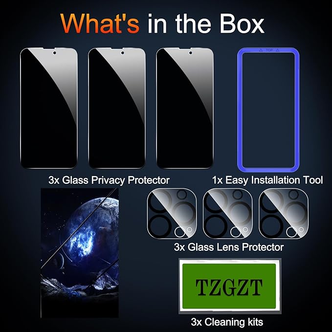 TZGZT Privacy Screen Protectors for iPhone 14 Pro Max, Tempered Glass, HD | 3 Pack, 9H+ Hardness, Military Grade Shatterproof, Easy Installation, Bubble Free, Case Friendly, Dynamic Island Compatible - Image 2