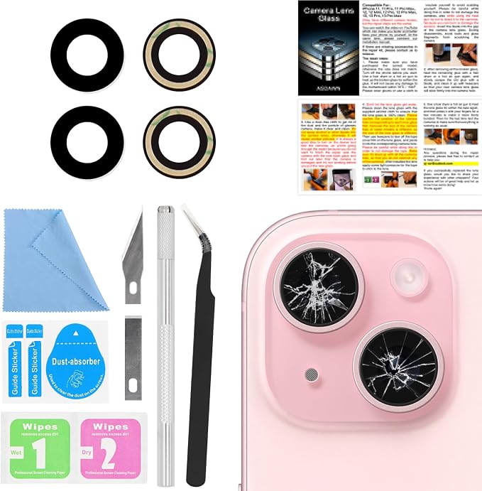 ASDAWN Back Rear Camera Lens Glass Replacement for iPhone 15 6.1 inch and 15 Plus 6.7 inch with Pre-Installed Adhesive, Back Lens Glass with Installation Manual + Repair Tool Set by ASDAWN