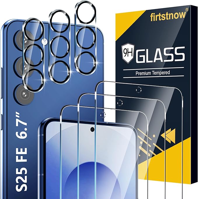 firtstnow 3 Pack for Samsung Galaxy S25 FE Screen Protector Tempered Glass + 3 Pack Camera Lens Protector, Military Grade Shatterproof, 9H Hardness, Fingerprint Unlock, Case Friendly 6.7 Inch by Unknown