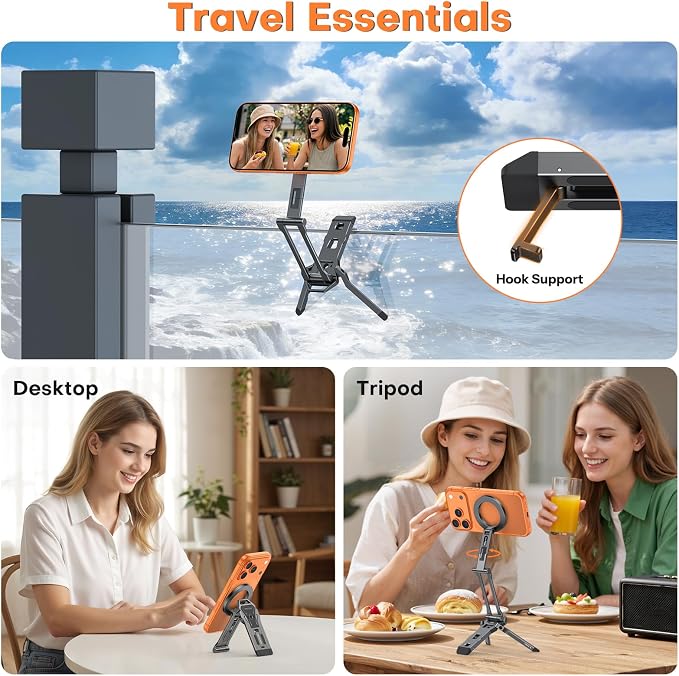 OMOTON TP06 Pro [Equipped Lanyard] 360° Rotating for MagSafe Tripod, Black | with Hook, Magnet Back & Arca-Swiss Base, 1/4" Screw, Magnetic Phone Tripod for iPhone 17/16 Pro Max Air Fits Vlog, Travel - Image 2