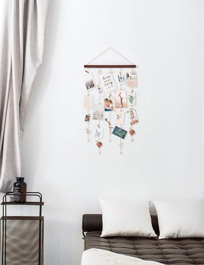 Mkono Hanging Photo Display, 25 Wood Clips Greeting Card Holder, 33"x16.5" | Picture Collage Hanger, Boho Rustic Wall Art, Christmas Holiday Gift, Teen Room Decor, Bedroom Dorm Office Nursery - Image 4