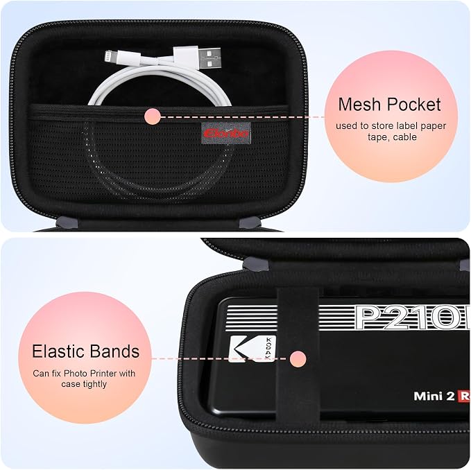 Elonbo Carrying Case for KODAK Mini 2 Retro 2x3 Portable Photo Printer | Bluetooth Smartphone Instant Color Printer Hard Travel Protective Bag, Mesh Pocket fits Cartridge Photo Paper Sheets, Black - Image 3