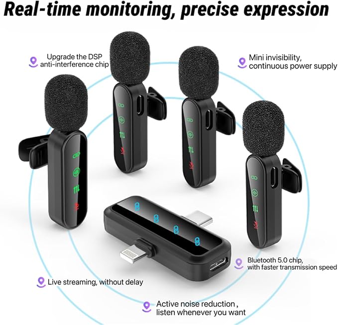 3 in 1/Four in one Wireless Lavalier Microphone for iPhone,iPad,Android,Camera,computer,mini Noise Reduction Recording Mic Ultra-Low Delay,for Vlog/ TikTok/YouTube Live Stream (Upgrade 4mic) - Image 8