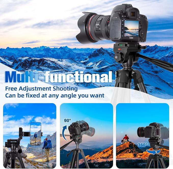 74" Camera Tripod Stand with 2 QR Plates for DSLR Sony Nikon Canon, Lightweight Video Mount for Travelling, Adjustable Phone Holder with Fluid Head and Wireless Remote (Max Load 6kg) - Image 3