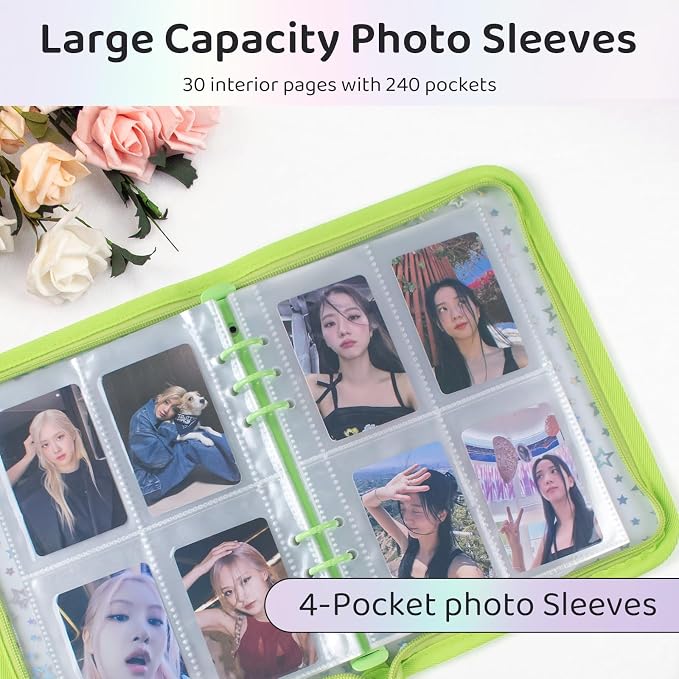 A5 Photocard Binder with 25 Pake 4-Pocket Pages, 6 Ring Photocard Holder Collector Storage Album Collecting Book with 200 Pockets for Organizing Photo,Trading,Game Card Collection (Green) - Image 3