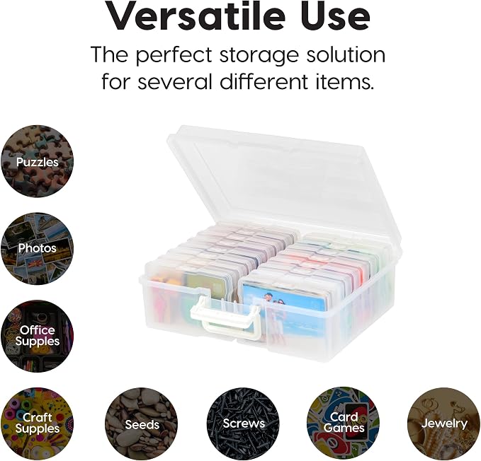 IRIS USA Photo Storage Box |Made in USA| 16 Cases - (2-Pack) - Clear | Fits 4" x 6" Pictures / Built-In Handle / Organizing Containers for Tasks, Stickers, Ephemera & Flashcards - Image 6