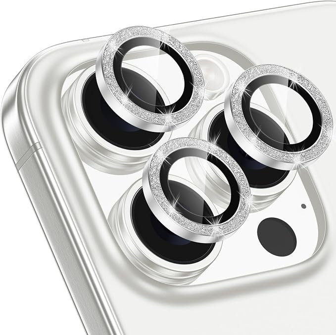 for iPhone 16 Pro/16 Pro Max Camera Lens Protector Glitter, Silver | Individual Metal, 9H Hardness, Scratch Resistant, Shockproof, Drop Protection, Case Friendly, Stylish Accessories by Xfilm