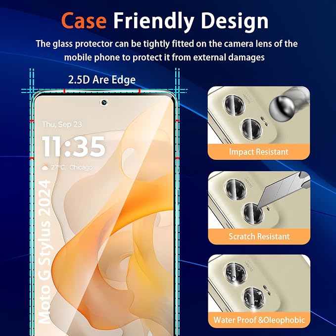 (3+2 Pack) Designed for Motorola Moto G Stylus 5G 2024 Tempered Glass Screen Protector + Camera Lens Protector,[3D Touch][Bubble-Free][Anti-Scratch] Screen Protector Glass For Motorola G Stylus 2024 - Image 6