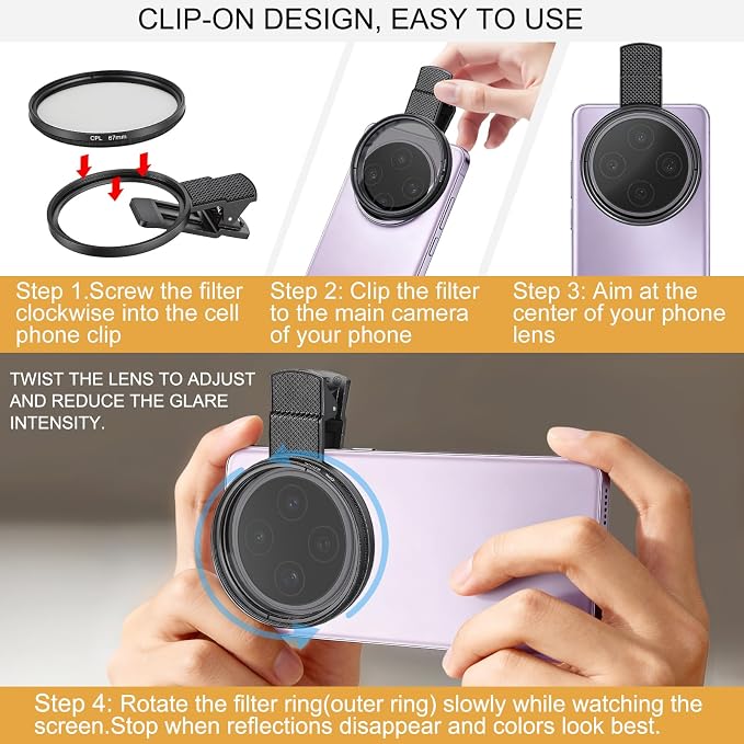 67mm CPL Filter for Phone/DSLR, HD Circular Polarizer Polarizing Filter, Lens Attachment for iPhone 17 16 15 14 13 12 Samsung Galaxy Pixel and Other Phones/Camera, Eliminate Reflections - Image 3