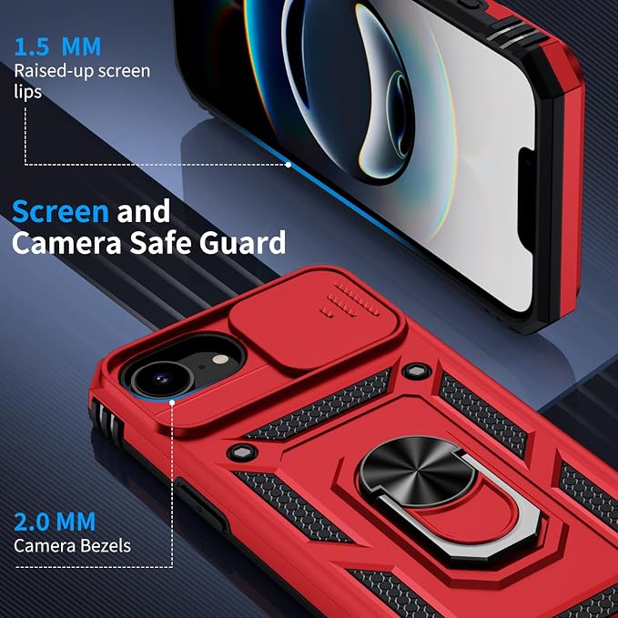 for iPhone 17e Case & iPhone 16e Case with 2X HD Screen Protector & Slide Camera Cover & Rotated Ring Kickstand, Rugged Heavy Duty Protective Phone Case for iPhone 17e/16e 6.1 inch, Red - Image 6