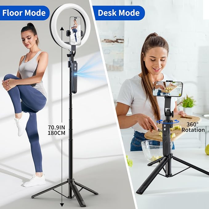 70.9" Auto Face Tracking Tripod with 360 Rotation & 10" Ring Light, Phone Tripod & Selfie Stick with Remote for Cell Phone 4"-7", Motion Sensor for Live Stream Vlog Video Recording - Image 4