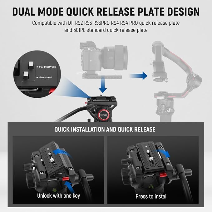 NEEWER 76" Video Camera Tripod with Fluid Head, One Step Quick Release Heavy Duty Aluminum Portable Tripod Stand with Cleaning Cloth, Dual Mode QR Plate for DSLR Camcorder, Max Load 17.6lb, LL27 - Image 5