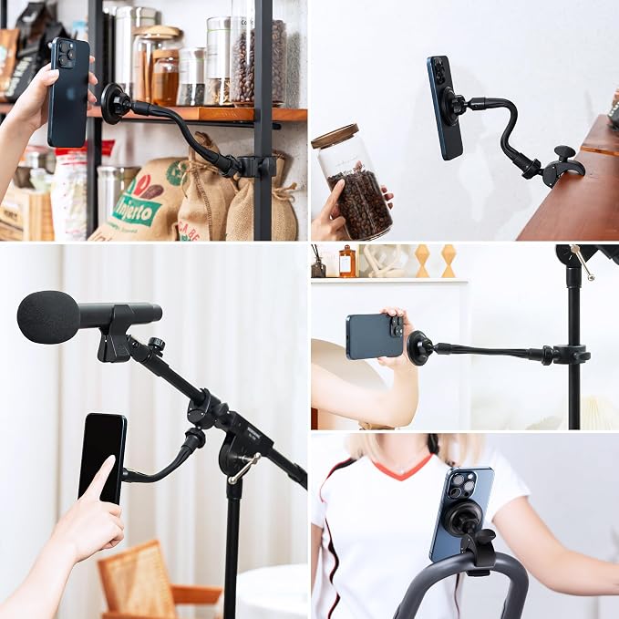 Magnetic Mic Stand Phone Holder w Removable Gooseneck Magnetic Phone Clip | for MagSafe Clamp Mount Phone Holder,360° Adjust Microphone Music Stand Phone Holder Clip for Smartphones Treadmill Stroller - Image 2