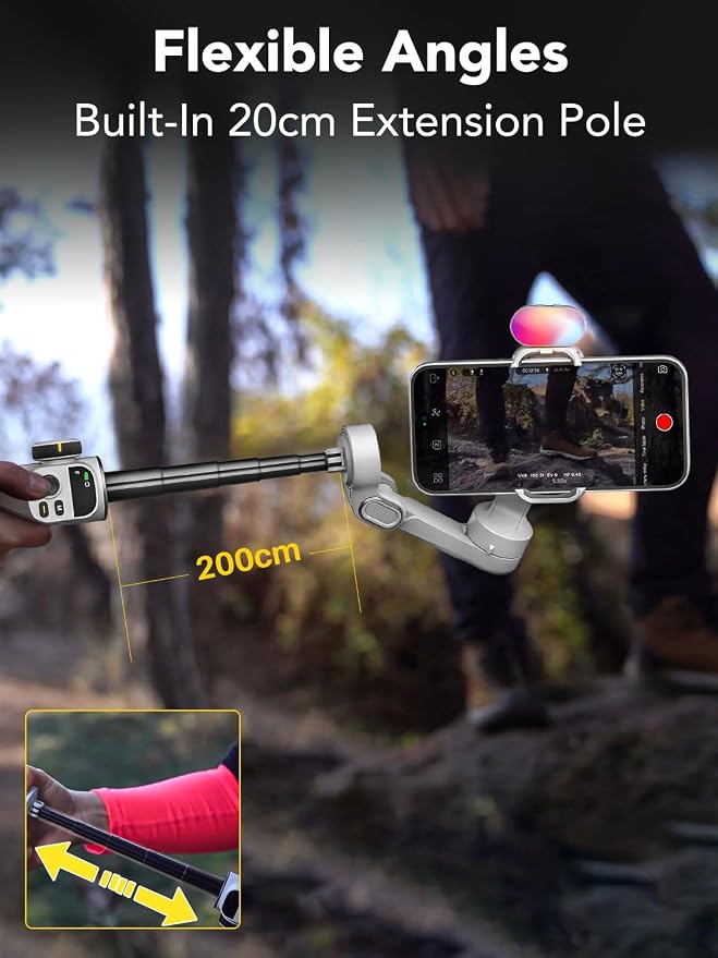 AOCHUAN Smart X2 3-Axis Gimbal Stabilizer for Smartphone with Adjustable RGB Fill Light, Built-in 20cm Extension Pole Selfie Stick, OLED Screen for Night Shots, Video Recording,X2 KIT White - Image 3
