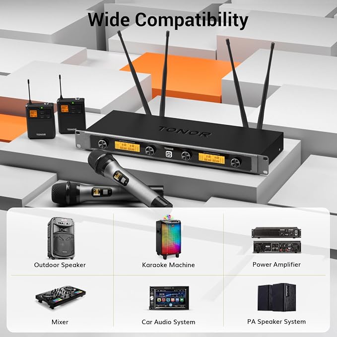 TONOR Wireless Microphones System with Metal 2 Cordless Mic and 2 Headset/Lapel/Lavalier Mic, Bodypack Transmitter, Receiver for Karaoke Church Singing Party PA Speaker, 4*10 Channels 90 m/295ft Range - Image 8