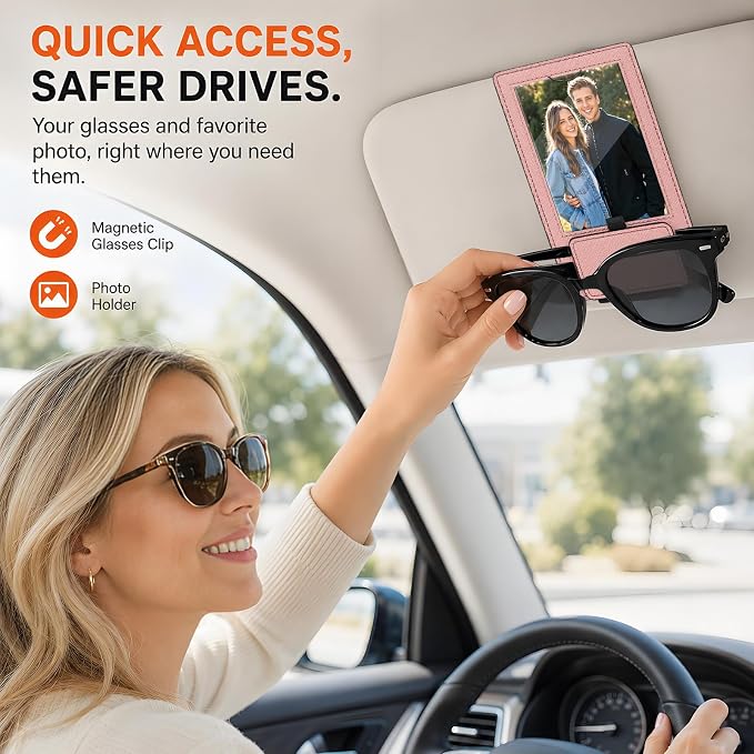 2-in-1 Car Visor Sunglasses & Photo Holder, Magnetic PU Leather Glasses Clip with Picture Display Slot, Universal Sun Visor Organizer for Eyeglasses, Personalized Cards & Memories, Soft Pink - Image 2
