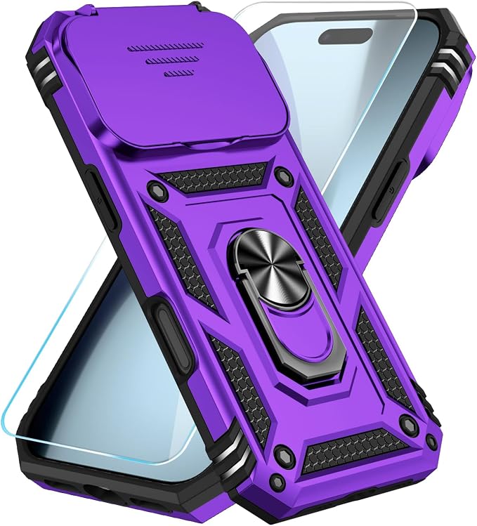 SunStory Phone Case for iPhone 17 Pro Case with HD Screen Protector & Slide Camera Cover & Rotated Ring Kickstand, [Military-Grade] Phone Case for iPhone 17 Pro, Purple by SunStory