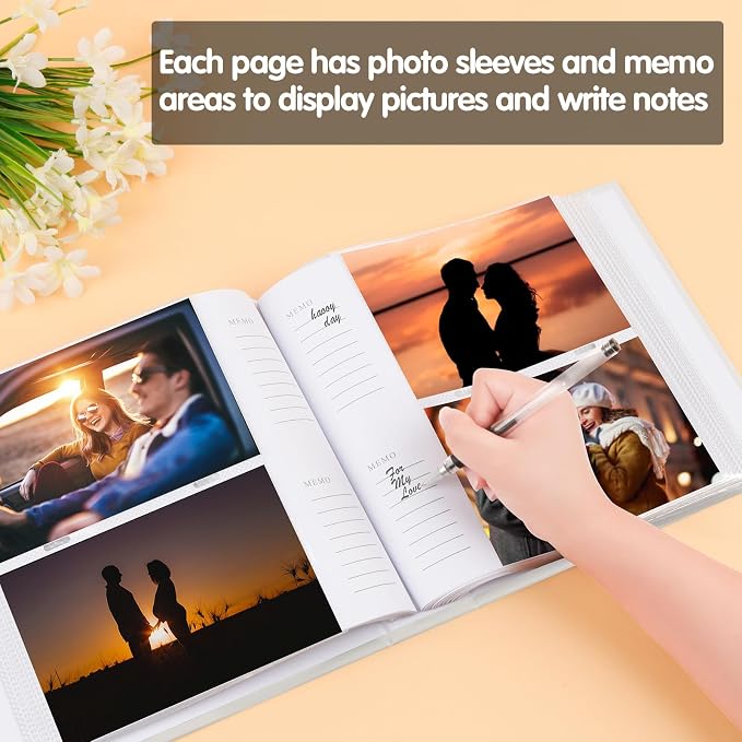 4x6 Photo Album Holds 240 Photos Writing Space, PU Leather, White | Clear Acid-Free Sleeves, Memo Writing Areas, Front Display Window, Baby, Wedding, Travel & Family Picture Keepsakes - Image 4