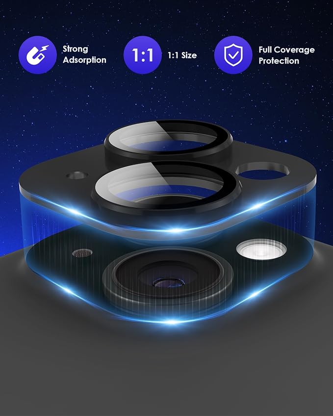 Compatible for iPhone 15/ iPhone 15 Plus/iPhone 14/ iPhone 14 Plus Camera Lens Protector Metal Plus Aluminium Alloy Ring 9H Tempered Glass Screen Camera Cover Black - Image 2