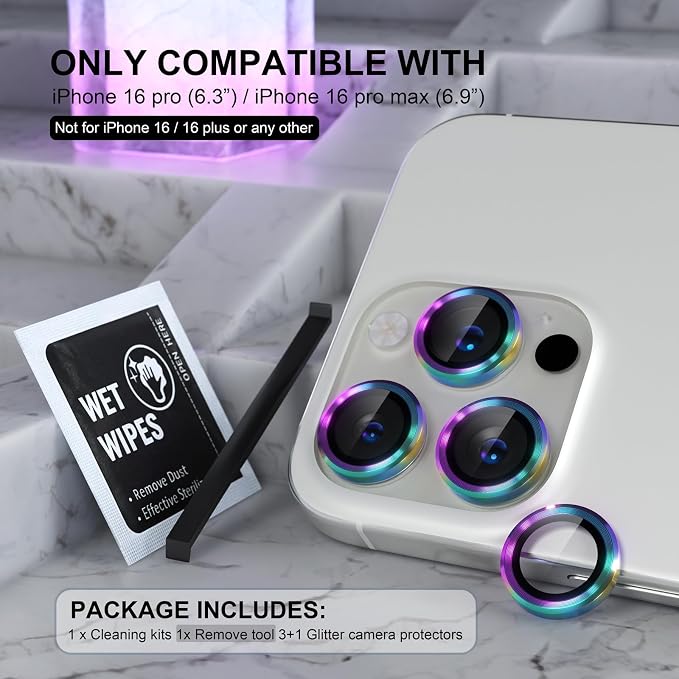 Choiche for iPhone 16 Pro/iPhone 16 Pro Max Camera Lens Protector | Ultra HD, 9H Tempered Glass Camera Cover Screen Protector Metal Ring Decoration Accessories (Colorful) - Image 2