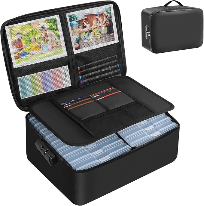 FUIJOL Fireproof Photo Storage Box with 18 Inner 5x7 Photo Cases, Lockable Collapsible Box with Handle, Photo Boxes Storage for Picture, Portable Photo Organizers and Storage for Scrapbook & Documents by FUIJOL