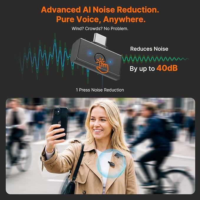Saramonic Air SE Wireless Mini Microphone for iPhone 17/16/15 & Android, 48kHz/24-bit, AI Noise Cancellation, Clip on Content Creator Microphones for Interview YouTube TikTok Vlogging (2TX + USB-C RX) - Image 3