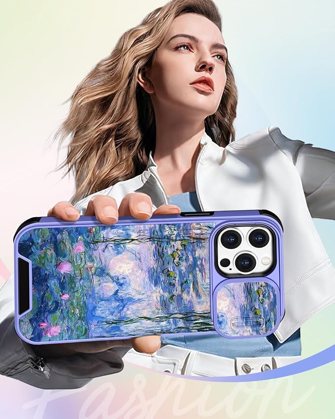Buleens for iPhone 15 Pro Max Case 6.7 Inch - with Ring Stand & Camera Cover Aesthetic Cute Designed Women Girls Girly Kawaii Blue Water Lily Phone Case for iPhone 15 Pro Max Compatible with Magsafe - Image 6